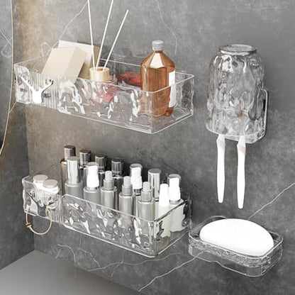 Acrylic Shower Shelves with Soap Dish & Toothbrush Holder, Clear Plastic Shower Caddy, Adhesive Bathroom Organizer Wall Mount, No Drill Installation 4 Pack