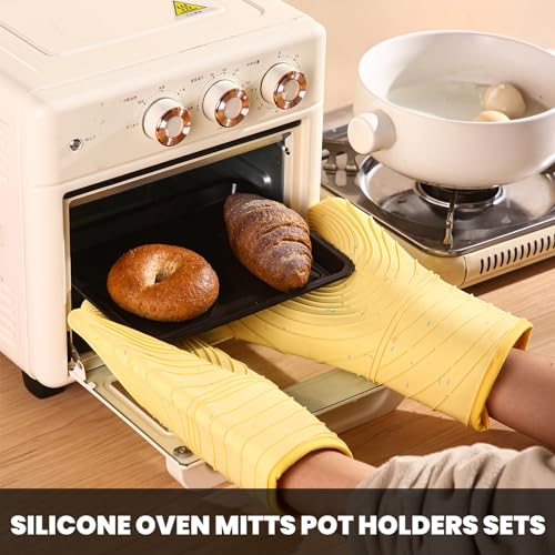 4 Pieces Oven Mitts and Pot Holders of Macaron Color Thickened Non-Slip Silicone Kitchen Gloves, Heat Resistant up to 500F, Essential for Kitchen Baking(makal-Huang) - color: Silicone-yellow