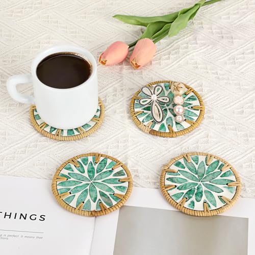 Boho Coastal Coasters Set of 6, Handmade Coasters with Holder - Cup Mat for Coffee Table, Boho Coaster for Home Décor Accents, Heat Insulation, Rattan & Mother of Pearl, 4 Inch(Green Leaf) - style: Green Leaf