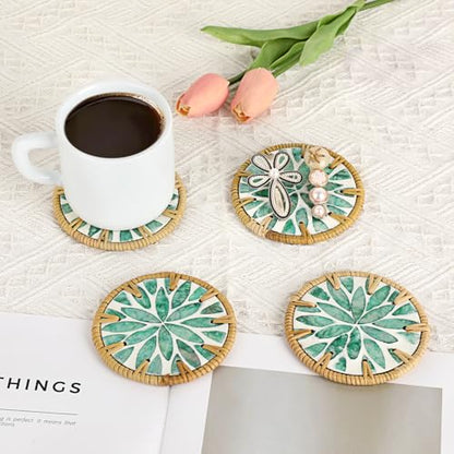 Boho Coastal Coasters Set of 6, Handmade Coasters with Holder - Cup Mat for Coffee Table, Boho Coaster for Home Décor Accents, Heat Insulation, Rattan & Mother of Pearl, 4 Inch(Green Leaf) - style: Green Leaf