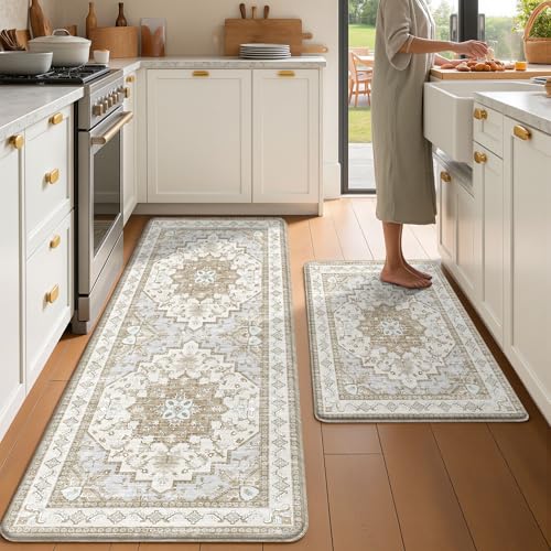 Boho Kitchen Mats for Floor 2 Piece Set Anti Fatigue Cushioned PVC Kitchen Rugs Non Slip Waterproof Farmhouse Mats 2/5 Inch Comfort Standing Mat for Sink, Laundry, 23.6"x39"+23.6"x59", Beige Tan - color: Beige Tan, size: 23.6"x39"+23.6"x59"