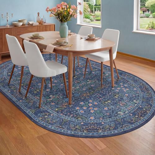 Dark Blue 6x9 Oval Area Rugs - Washable Rugs for Dining Room Table, Living Room, Non-Slip Floor Carpet for Bedroom - Vintage Navy Blue Floral Pattern Low Pile Stain Resistant - color: Dark Blue, size: 6' x 9' (Oval)