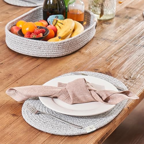 Oval Cotton Rope Placemats Set of 6 with Holder, Heather Gray | 6 x 12 inch, machine washable, softly blended gray weave, everyday heat protection - color: Heather Gray, size: 16*12
