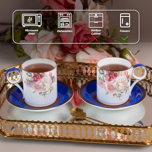 KAMMAK Tea Cups and Saucers Set of 2, Porcelain Coffee Cups, JBE015 | Stackable Espresso Mugs, Ceramic Demitasse for Coffee, Cappuccino, Latte, Americano, Tea - size: 8CZJBE015