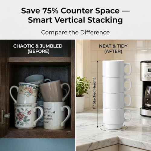 ASTRUE Stackable Ceramic Coffee Mugs Set of 4, 10 oz Glossy White Mug Set for Home & Office - size: 10 oz