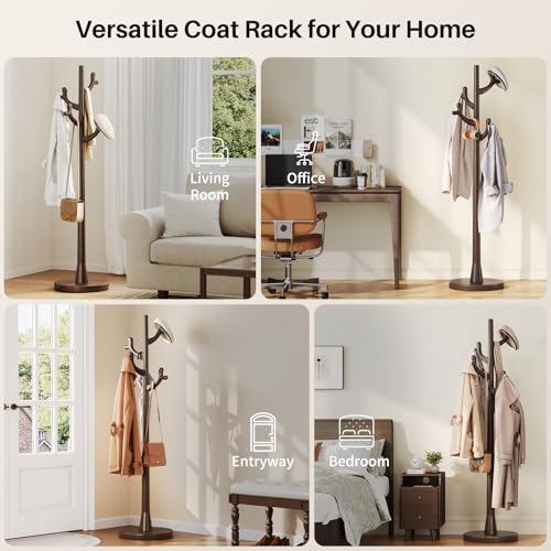Uniclinens Coat Rack Freestanding Solid Wood Coat Tree Standing with 4 Hooks, Coat Rack Stand Creative Tree Branch-look (Dark Walnut) - color: Dark Walnut, size: Coat Tree