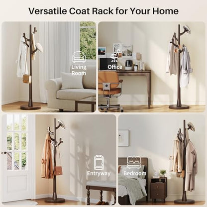 Uniclinens Coat Rack Freestanding Solid Wood Coat Tree Standing with 4 Hooks, Coat Rack Stand Creative Tree Branch-look (Dark Walnut) - color: Dark Walnut, size: Coat Tree