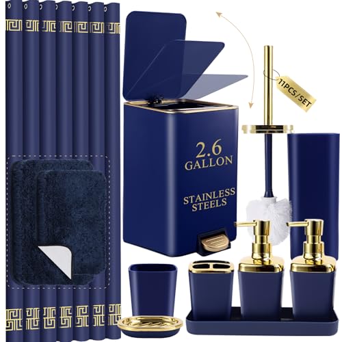 XLHOMO Bathroom Sets with Shower Curtain and Rugs Bathroom Accessories Set Navy Blue Bathroom Set,Soap Dispenser & Toilet Brush Holder Set with Stainless Steel Trash Can - size: Navy blue, style: Bath Set+Shower Curtain+Bath Rugs