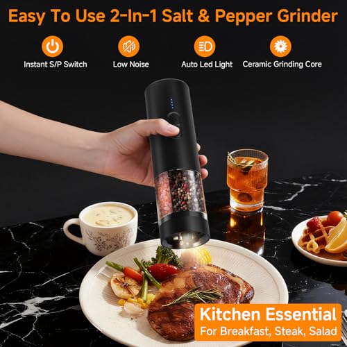 Electric Salt and Pepper Grinder Set Shakers 2 IN 1-Rechargeable Automatic Pepper Mill,with LED Lighting,Adjustable Grinder,Large Capacity-Ideal for Kitchen,BBQ,Ideal Kitchen Gifts (Black) - color: Black