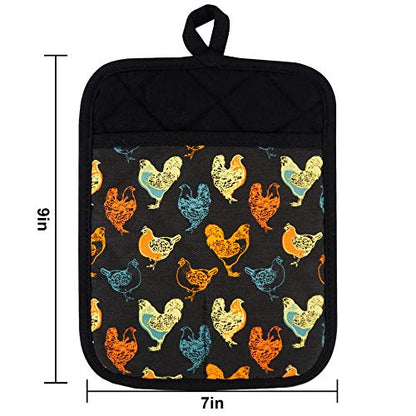 Pot Holders Set of 2,Non Slip Clear Silicone Printed Potholdes | Resistant 480 ℉,Comfortable Cotton Lining Kitchen Women Men Cooking Baking Microwave (Rooster, Black Potholders) - color: Rooster, Black Potholders