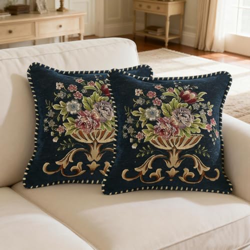 Set of 2 Blue Vintage Embroidered Throw Pillows Covers 18x18in | Farmhouse Vintage Decorations Floral Embroidered Cushion Cover for Sofa Couch Bed Chairs Car - color: Blue