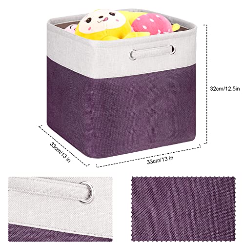 13 Inch Cube Storage Bins Purple - 3-Pack Purple Storage Cubes with Handles, 13x13x13 Fabric Storage Bins, Foldable Dark Purple Storage Baskets for Shelves, Cloth Organizer Cube Bins