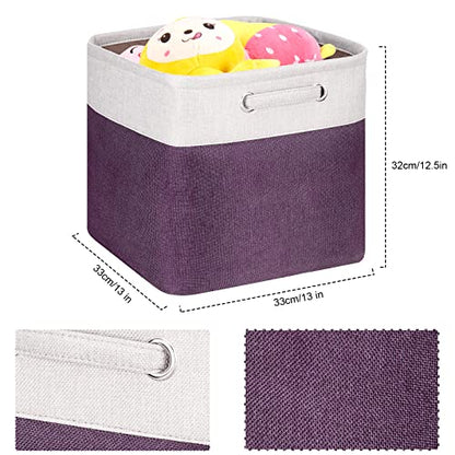 13 Inch Cube Storage Bins Purple - 3-Pack Purple Storage Cubes with Handles, 13x13x13 Fabric Storage Bins, Foldable Dark Purple Storage Baskets for Shelves, Cloth Organizer Cube Bins