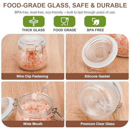 17oz Airtight Glass Jar with Lid, 6 Pack Clamp Lid Glass Storage Jars, Flip Top Food Storage Containers, Wide Mouth Thick Glass Jars for Yogurt Dessert Jam Sugar Snacks Pantry Kitchen Organization - size: 17 fl oz x 6 - Ridged