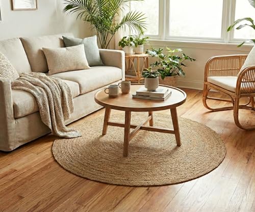 Hausattire Jute Braided Round Rug, Natural, 4 ft | 100% natural jute, hand woven, reversible, boho farmhouse style, entryway/kitchen/living room use - color: Natural, size: 4' Round