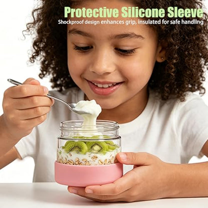 6-Pack 8oz Glass Overnight Oats Containers with Lids and Silicone Sleeves | Stackable Mason Jars Wide Mouth Meal Prep Jars for Yogurt Chia Salad Snacks Sugar - Leakproof Food Storage Jars - size: 8oz