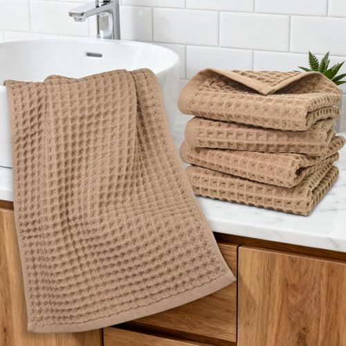 Jacquotha Waffle Bathroom Hand Towels 5-Piece (Tan) | Cotton, Soft, Lightweight, Lint Free, 13” x 29” - color: Tan