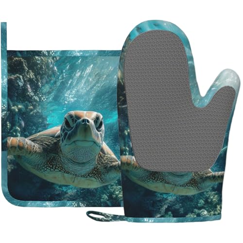 Sea Turtles Oven Mitt and Pot Holder with Silicone Heat Resistant Kitchen for Cooking BBQ Baking Grilling Cooking Protection - color: Sea Turtles