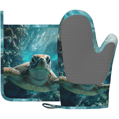 Sea Turtles Oven Mitt and Pot Holder with Silicone Heat Resistant Kitchen for Cooking BBQ Baking Grilling Cooking Protection - color: Sea Turtles