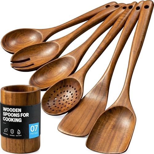 Zulay Kitchen 7-Piece Wooden Cooking Spoons Set – Heat-Resistant, Smooth Teak Utensils with Comfort Grip – Lightweight & Durable – Easy to Clean, Perfect for Non-Stick Cookware - size: 7 Piece