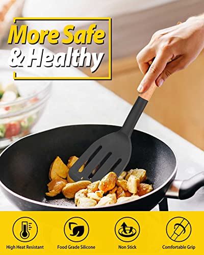 Pack of 2 Silicone Cooking Spatula, Heat Resistant Solid Turner, Non Stick Slotted Spatulas with Wooden Short Handle,Ideal Wood Kitchen Utensils Set for Frying, Baking, Flipping, Turning - color: Black