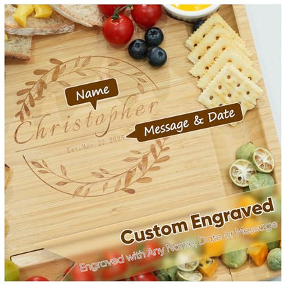 Personalized Charcuterie Board Set, Ideal Gift for Wedding, Housewarming, Holiday & Birthday, Natural Bamboo Cheese Board with Round Tray & Complete Knife Set