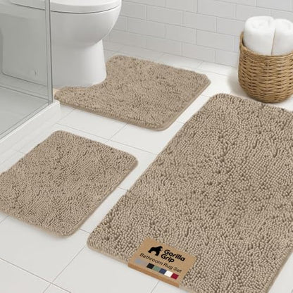 GORILLA GRIP Bathroom Rug Sets 3 Piece, Bath Mat Set and Oval Toilet Base with Rubber Backing, Plush Absorbent Shaggy Chenille Washable Mats, Includes 24x19.5, 24x17 and 36x24 Inch Rugs, Gray Beige - color: Gray Beige, style: 24"x19.5" + 24"x17" + 36"x24"