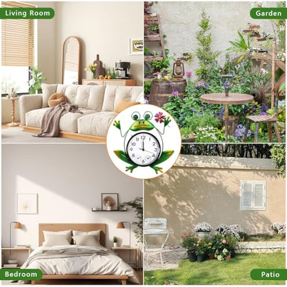 Outdoor Clock with Thermometer & Humidity | Silent Non-Ticking, Frog Outdoor Wall Clock, Outdoor Clocks for Patio, Garden, Home Decor - style: Frog with Flower