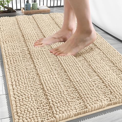 OLANLY Thick Bathroom Rugs 34x21, Soft Chenille Striped Bath Rugs, Beige | Rubber Backing, Machine Wash, Extra Absorbent Bath Mats for Bathroom Floor, Tub and Shower, Home Decor Accessories - color: Beige, size: 34" X 21"