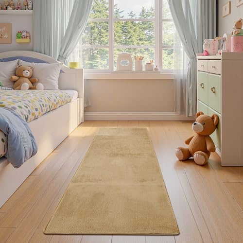 jinchan 2x6 Solid Plush Runner Rug Shaggy Washable Hallway Rug, Tan | Soft, Cozy, Non-Slip, Modern, Faux Wool, Performance Rug, Floor Carpet, Entryway, Bathroom, Kitchen, Laundry Room, Bedroom - color: Solid Tan, size: 2' x 6' (Rectangular)