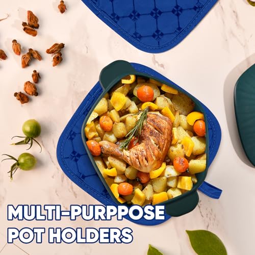 Oven Mitts Kitchen Towels Dishcloths with Pot Holders Sets, Dish Towels Sets, Oven Gloves Pot Pads Heat Resistant 500 Degrees with Non-Slip Silicone Surface for Cooking Baking Grilling-Royal Blue - color: Royal Blue