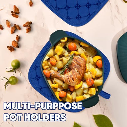 Oven Mitts Kitchen Towels Dishcloths with Pot Holders Sets, Dish Towels Sets, Oven Gloves Pot Pads Heat Resistant 500 Degrees with Non-Slip Silicone Surface for Cooking Baking Grilling-Royal Blue - color: Royal Blue