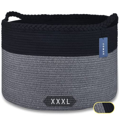 COMSE XXXLarge Woven Blanket & Laundry Basket, 87L, Black & Gray | 21.7" x 13.8", Cotton Rope, Nursery Hamper for Storage of Toys Clothes Towels, Ideal for Living Room Bedroom Bathroom - color: Black & Gray