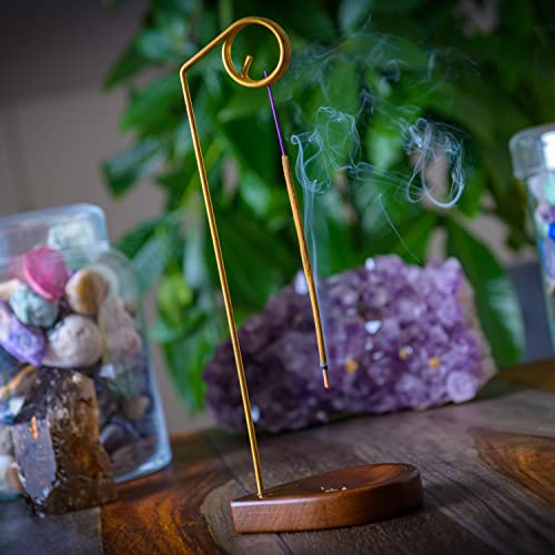 Incense Holder for Sticks - 11.4" Tall Reverse Style Incense Burner Holder with Mess Free Ash Catcher Tray - Modern & Minimalist Design Incense Sticks Holder with Brass & Walnut Wood Elements