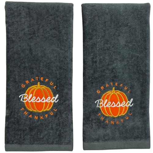 Harvest Fall Hand Towels for Bathroom: Plush Gray Grey Embroidered Grateful Thankful Blessed Orange Pumpkin Design for Bath, 100% Cotton, 16" x 25" Inches, Oeko-TEX Certified - color: Grateful