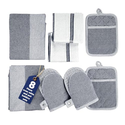 Casa Platino Mini Oven Mitts Set, 8-Piece – 500°F Heat Resistant Silicone Oven Mitt, Potholders for Kitchens, 2 Kitchen Towels & 2 Dish Cloths – Non-Slip & Durable – Indigo - color: 09: Oven Mitts - Indigo, size: Oven Mitt Set - 8 Pack