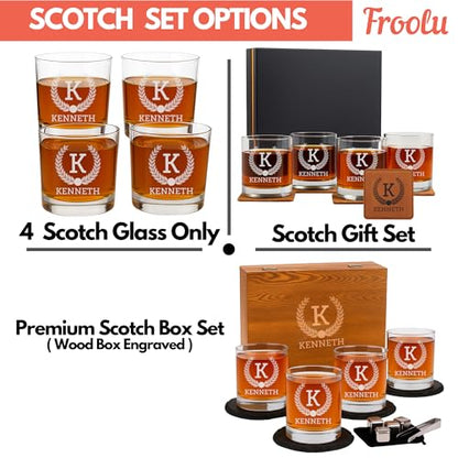 Personalized Whiskey Glasses Set in Wooden Gift Box - Includes 4 Scotch Glasses, 4 Natural Slate Coasters, 8 Chilling Stones & Tongs - Great Mens Home Bar Gift for Him, Husband, Dad