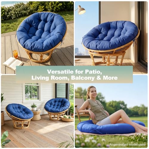 ARTPLAN Round Papasan Chair Cushion Tufted Swing Seat Pad with Ties | 47"x47"x4"tufted round chair cushion, polyester cover&fluffy fiber fill, fixed ties fit papasan, swing&wicker indoor chairs - color: Classic Blue