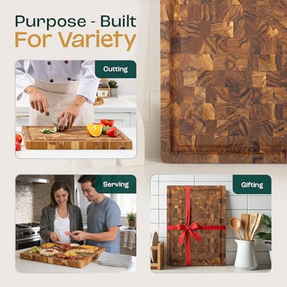 Yes4All Durable Teak Cutting Boards for Kitchen, [24''Lx18''Wx1.5” Thick] Extra Large End Grain Cutting Board, Pre Oiled Wood Cutting Boards, Thick Chopping Board w/Juice Grooves and Easy Grip Handle - size: 24"L x 18"W, style: Teak