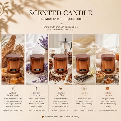 Roasted Coffee Scented Candle, 5.29 oz Soy Wax Blend for Home | Rich Roasted Coffee scent in hand-poured soy wax blend, ribbed amber glass, solid wood lid and metal plaque for home decor