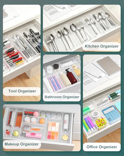 30Pcs Clear Plastic Drawer Organizers Set, 4size makeup drawer organizer trays for vanity,desk,bathroom,office,nightstand,gadgets for kitchen drawer, Versatile drawer divider storage bins - size: 30 Pcs