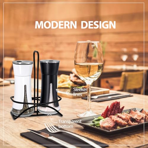 Aelga Farmhouse Salt and Pepper Shakers with Holder, Salt Shaker for the Kitchen with Adjustable Pour Holes for Himalayan, Kosher, and Sea Salts - color: Black&White