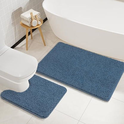 LOCHAS Bathroom Rugs Sets 2 Piece, 20''x20'' & 34''x21'', Denim Blue | Non Slip U-Shaped Toilet Rug, Chenille Washable Absorbent, Soft Bath Mat Set for Shower, Sink - color: Denim Blue