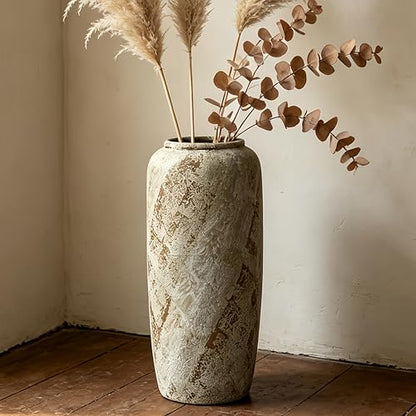 Rustic Ceramic Floor Vase, 15.7 Inch, Handpainted Finish | Living Room, Entryway, Fireplace, Pampas Grass, Dried Branches