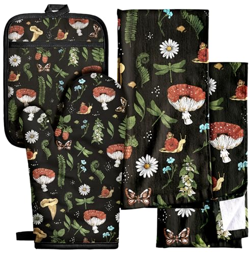 Miss Adola 270 GSM Cotton Kitchen Towels, Oven Mitt and Pot Holder - 4 Pack Kitchen Decor and Accessories Set Cute Farmhouse Boho Quilted Lining Heat Resistant Set with Hanging Loop, Black Mushroom - color: Black Mushroom