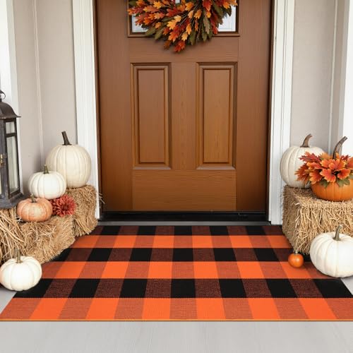 KIMODE Fall Decor Front Door Mat Buffalo Plaid Outdoor Front Porch Rug | Fall Farmhouse Checkered,Orange and Black,27.5"x43",Washable,Cotton,Thanksgiving Layered Mats Outdoor Autumn Holiday Decor - color: Orange/Black, size: 2'4" x 3'7" (Rectangular)