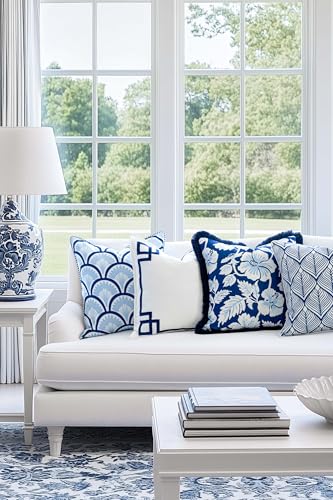 Hofdeco Premium Coastal Patio Indoor Outdoor Throw Pillow Cover Only, 20"x20" Water Repellent for Backyard, Couch, Navy Baby Blue Print Tropical Hisbucs Flowers - color: Navy Baby Blue Tropical Hisbucs Flowers 20"x20"