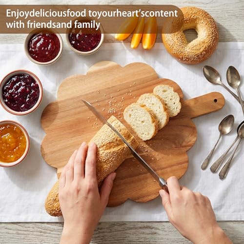Scalloped Cutting Board with Handle, Acacia Wood Decorative Cutting Board | Round Kitchen Chopping Boards for Pizza, Bread, Cheese, Fruits, Vegetables, 12 x 10 x 0.63 Inch