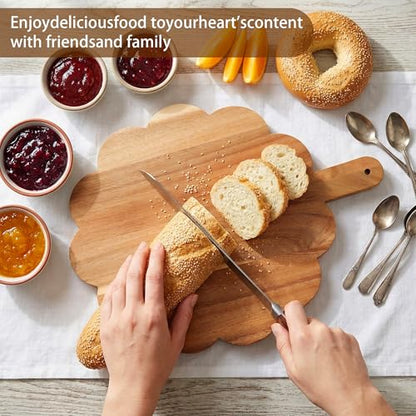 Scalloped Cutting Board with Handle, Acacia Wood Decorative Cutting Board | Round Kitchen Chopping Boards for Pizza, Bread, Cheese, Fruits, Vegetables, 12 x 10 x 0.63 Inch