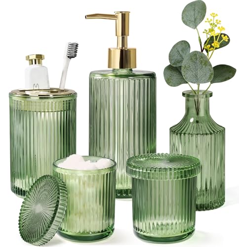 Green Bathroom Accessories 5 Pcs, Glass Bathroom Accessory Set, Vintage Green Bathroom Set, Sage Green Soap Dispenser and Toothbrush Holder Set, Qtip Holder, Small Flower Vase, Modern Bathroom Decor - color: Green, size: 5 Pcs Bathroom Set